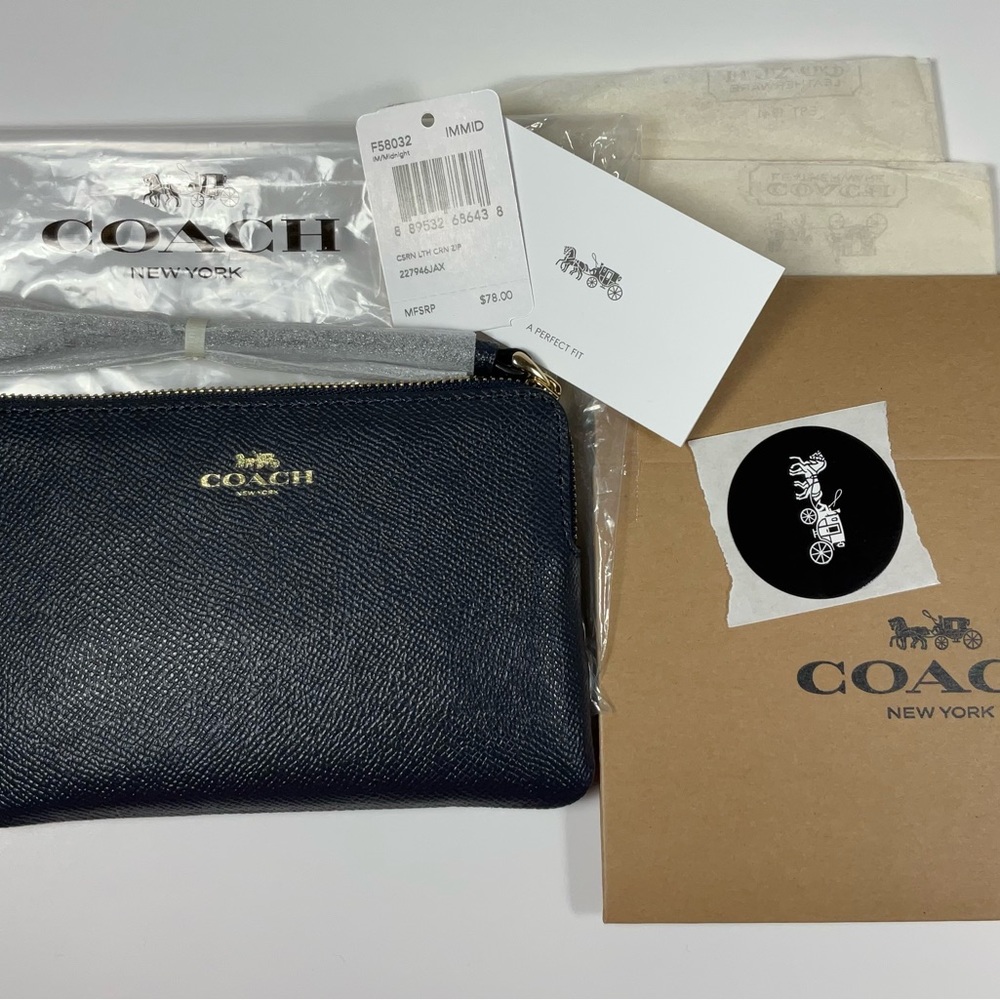 NEW Coach L Zip Pouch Corner Zip Wristlet Wallet Midnight Leather * NIB